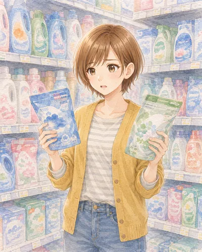 洗剤棚の前で、洗剤を 2 つ手に取って見比べるみはるさん