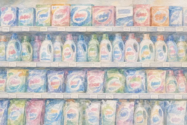 ドラッグストアの洗剤棚。粉末の箱、液体のボトル、ジェルボールの袋が色とりどりにぎっしり並んでいる