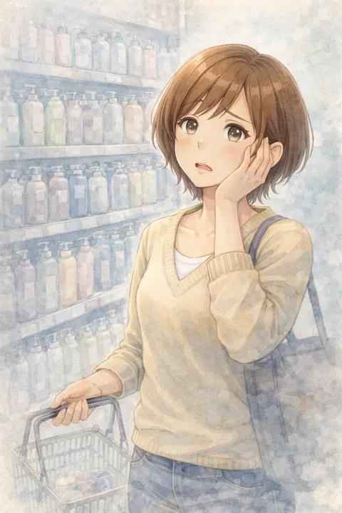 シャンプー棚の前で、買い物かごを持ったまま頬に手を当てて考え込むみはるさん