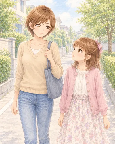 春の週末の昼、住宅街の歩道。灰青のトートを肩に掛けたみはるさんと、ピンクのカーディガンのあやめが並んで歩き、あやめがみはるさんを見上げている