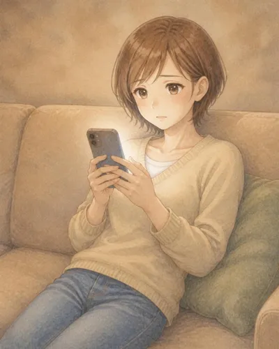 子どもたちが寝た後の暗いリビング。クリーム色のソファで、スマホの光に照らされて、疲れた顔で画面を見るみはるさん