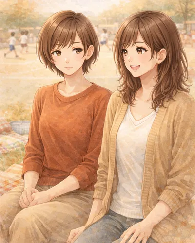 運動会でレジャーシートを並べるみはるさんとまみ