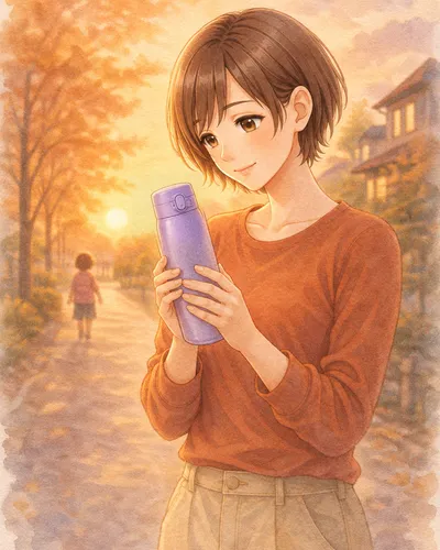 夕暮れの帰り道、ラベンダー色の水筒を両手で持って見つめ、少し微笑むみはるさん。先を歩くあやめの後ろ姿