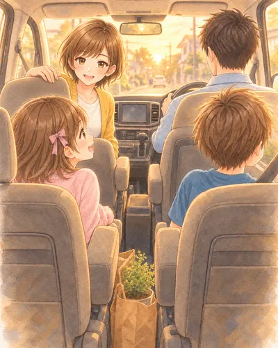 夕方の車の中。助手席から後ろを振り向いて、少し笑って答えるみはるさん。後部座席から身を乗り出すあやめと、窓の外を見るかえで。運転席のさとるさんの横顔