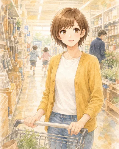 日曜日のホームセンター。カートを押して通路に立ち止まる、マスタード色のカーディガンのみはるさん。遠くに走っていく双子と、苗の前のさとるさん
