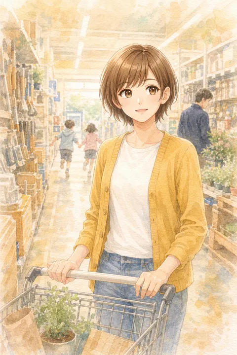 日曜日のホームセンター。カートを押して通路に立ち止まる、マスタード色のカーディガンのみはるさん。遠くに走っていく双子と、苗の前のさとるさん