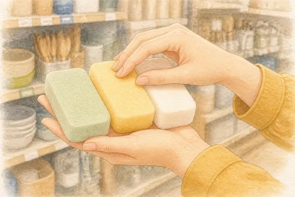 ホームセンターの台所用品の棚の前。マスタード色の袖の手のひらに、淡い緑・淡い黄・白の食器用スポンジを 3 つ並べ、指先でひとつの柔らかさをたしかめている
