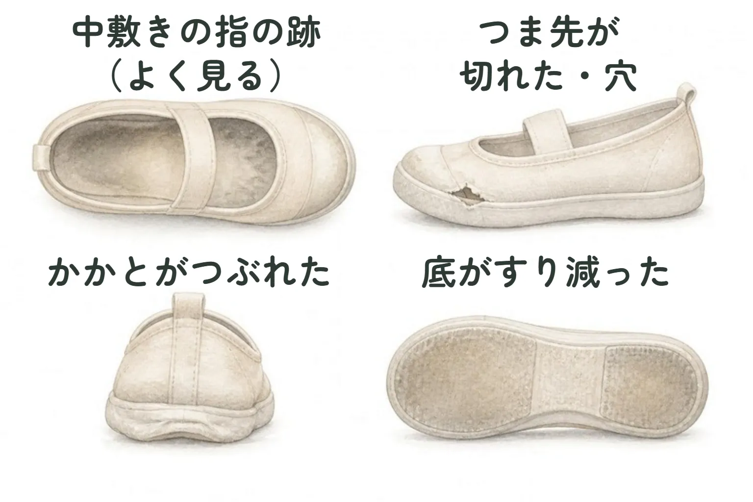 くたびれた白い上履きの図が4つ。「中敷きの指の跡（よく見る）」は、中敷きのつま先まで灰色の跡。「つま先が切れた・穴」は、つま先の端が裂けて穴。「かかとがつぶれた」は、後ろから見てかかとが低く崩れている。「底がすり減った」は、裏返した底の前とかかとの模様が消えている