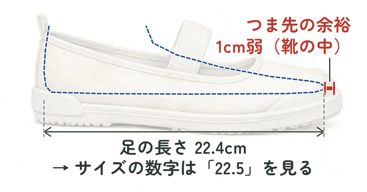 横から見た白い上履きの図。中に、足の形が点線で描いてある。かかとは靴の後ろにつき、つま先の先に赤で「つま先の余裕 1cm弱（靴の中）」。下に「足の長さ 22.4cm」の矢印と「→ サイズの数字は「22.5」を見る」