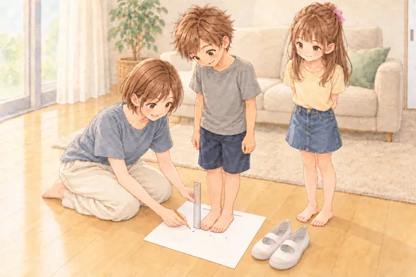夏の朝のリビング。木の床に敷いた白い紙の上に、灰色のTシャツのかえでが裸足で立っている。青灰のTシャツのみはるさんが膝をついて、足の指の先に定規を立て、鉛筆で印をつけている。淡い黄色のTシャツのあやめが、後ろで手を組んで自分の番を待っている。紙の横に、去年の白い上履き
