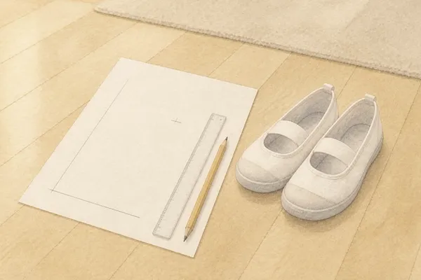 朝のリビングの木の床に、白い紙が1枚。鉛筆で引いた直角の線と、小さな印。透明の定規と黄色い鉛筆。横に、去年の白い上履きが1足。奥にベージュのラグの端