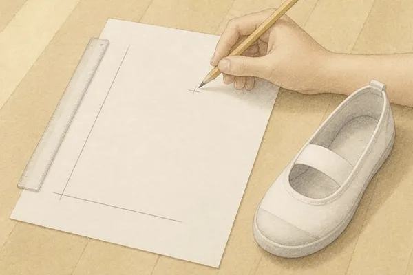 木の床に敷いた白い紙。直角の線と小さな印のそばで、鉛筆を持った手が止まっている。横に、少しくたびれた去年の白い上履きと、透明の定規