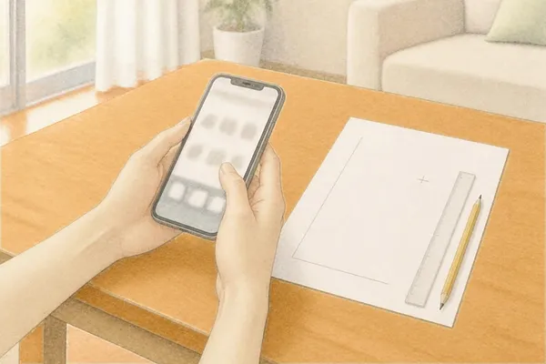 ダイニングのテーブルで、両手でスマホを持っている。画面はぼやけて読めない。横に、直角の線と印の入った白い紙と、定規と鉛筆