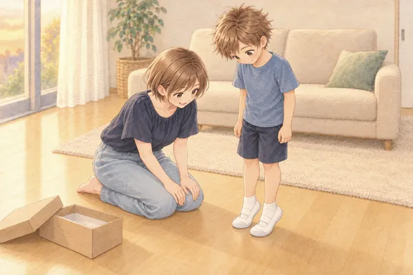 夕方のリビング。木の床の上で、青い練習着のかえでが新しい白い上履きを履いて立ち、足元を見ている。紺のブラウスのみはるさんが膝をついて、両手を膝に置き、かえでの足元を見ている。床に、開けた靴の箱