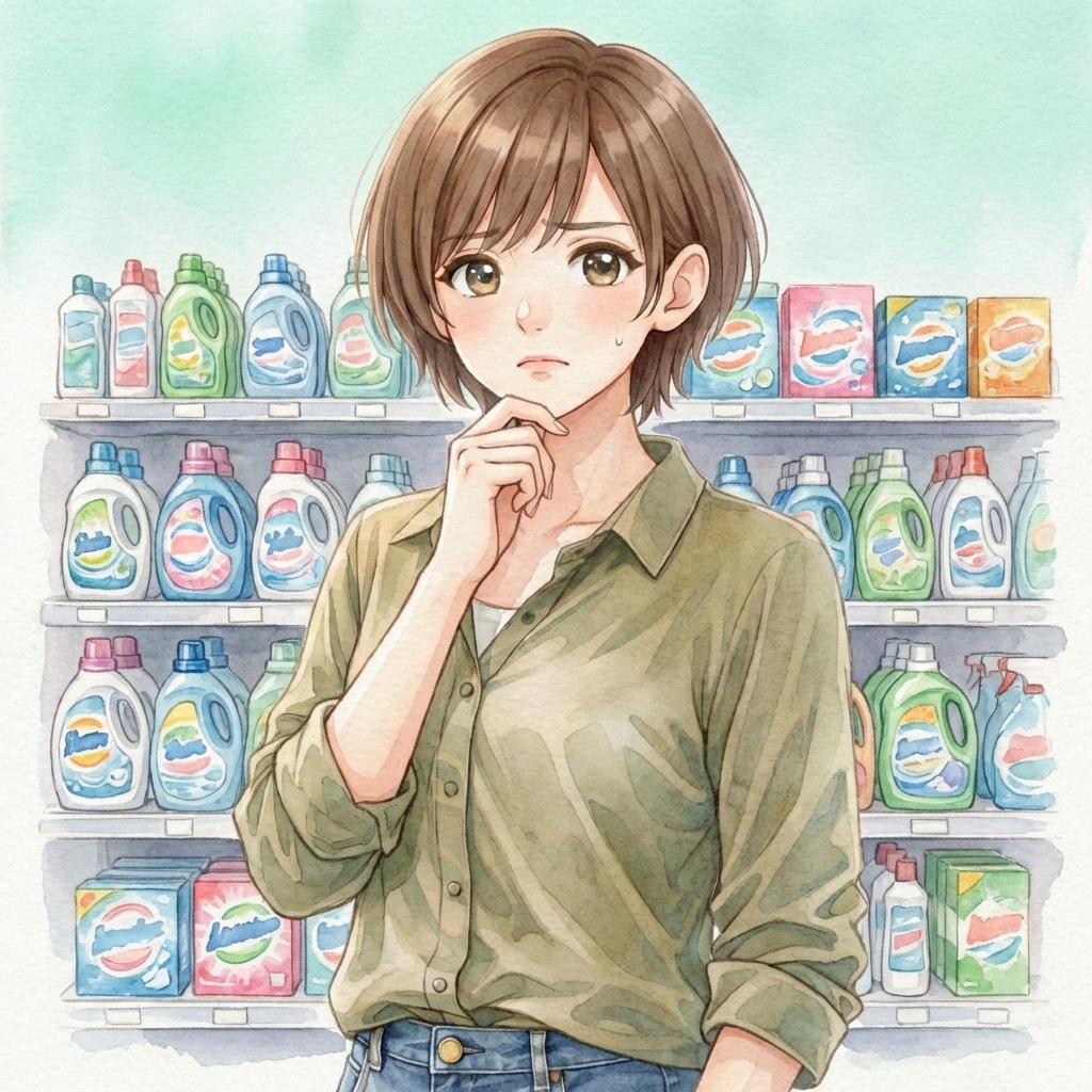 洗剤棚の前で悩むみはるさん
