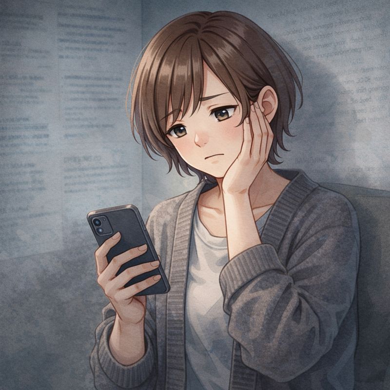 スマホで検索して困り顔のミハルさん